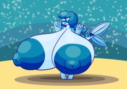 anthro areola big_areola big_breasts blue_body blue_eyes blue_hair blue_skin breasts female fish fish_tail hair hi_res huge_areolae huge_breasts huge_nipples hyper hyper_breasts mackenzie_(sprucy) marine ponytail scombrid scombriform solo sprucy underwater water