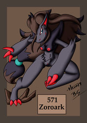 2019 alternate_version_at_source anthro bernardol22 black_body black_fur breasts brown_hair claws female fur genitals grey_body grey_fur hair head_markings hi_res hitori09 inner_ear_fluff markings nintendo nipples pokémon_(species) pokemon pokemon_(species) ponytail pussy red_inner_ear red_markings red_pussy shoulder_tuft smile toe_claws transformation tuft video_games zoroark