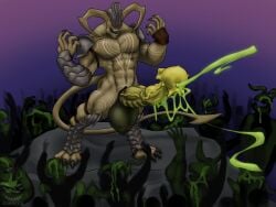 anthro armor balls big_balls big_penis bodily_fluids claws colored_cum corinoch_(artist) cum cum_on_body demon ejaculation excessive_cum excessive_genital_fluids flared_penis flaring genital_fluids genitals glowing glowing_cum green_cum group group_transformation hands-free hi_res horn huge_balls huge_cock hyper hyper_balls hyper_genitalia hyper_penis male markings medial_ring open_mouth pelvic_thrust penis presenting presenting_penis reverse_bukkake silhouette solo_focus transformation transformation_through_cum unusual_anatomy unusual_bodily_fluids unusual_cum unusual_genital_fluids unusual_genitalia unusual_penis vein veiny_penis worship