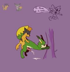 animal_genitalia animal_penis anthro_penetrated art canine crazyguitarx cumming_out cumming_outside cumming_while_penetrating doggy_style dynamons_(world) elvee_(dynamons) fakemon fox fox_tail gay gay_sex image_sample male meme meme_reference penis penis_in_ass pleasure_face pleasure_rape red_penis semen_in_anus sex_from_behind spanish_text sperm stupid tail_up tazer_(dynamons) tree
