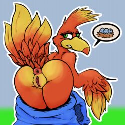 1:1 2020 anthro anus ass avian bag banjo-kazooie beak bird cashier:3 dialogue egg feathered_wings feathers female genitals green_eyes kazooie pussy raised_tail rareware rear_view red_body simple_background solo video_games wings