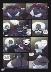 1boy 2girls anti_groove assjob belty42 big_ass big_breasts big_butt big_penis big_thighs blue_eyes bug comic english english_text fighting_over_boy grey_body hollow_knight hollow_knight:_silksong hornet_(hollow_knight) lace_(hollow_knight) precum precum_drip pushing_away shorter_male small_breasts smaller_male titjob top_hat tophat torn_clothes torn_clothing white_underwear