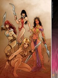 4girls a_princess_of_mars barsoom black_hair blonde_hair chainmail chainmail_bikini crossover dejah_thoris fabiano_neves holding_weapon john_carter_of_mars jungle_girl large_breasts loincloth long_hair martian multiple_girls official_art pink_skin red_hair red_sonja red_sonja_(comics) revealing_clothes royalty sheena sword tiara vampire vampirella voluptuous