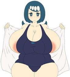 1girls alternate_body_type alternate_breast_size areola_slip areolae blue_eyes blue_hair blush borscht breasts breasts_bigger_than_head chubby chubby_female female female_only hyper hyper_breasts lana's_mother_(pokemon) long_hair mature_female milf mob_face mother nintendo no_sclera pokemon pokemon_sm solo swimsuit thick_thighs thighs voluptuous white_background wide_hips wip