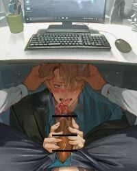 2boys bar_censor blonde_hair blowjob blue_eyes blush censored clothing_aside computer cum_on_penis erection feet_out_of_frame fellatio gay hair_over_one_eye hand_on_another's_head internet_explorer keyboard_(computer) large_penis licking licking_penis looking_at_viewer male male/male male_focus male_only male_underwear male_underwear_aside male_underwear_peek microsoft mouse_(computer) multiple_boys nori31291404 nose_blush one_piece open_pants oral pants penis pov pov_crotch public_indecency roronoa_zoro runa_(artist) salaryman saliva sanji short_hair solo_focus spread_legs sweatdrop tongue tongue_out twitching under_the_table underwear upside_down_penis veins veiny_penis vinsmoke_sanji yaoi