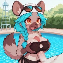 ai_generated animal_ears animal_nose animated anthro bandeau between_breasts bikini black_bikini black_clothing black_swimwear blue_hair blush body_fur braided_hair braided_ponytail breast_squish breasts cleavage cleavage_cutout clothed clothing clothing_cutout collarbone duo ears_through_headwear erection eyebrows eyewear eyewear_on_head faceless_character faceless_male fangs female furry genitals hair hair_over_shoulder hat headgear headwear hi_res humanoid_genitalia humanoid_penis hyaenid large_breasts long_hair male male/female mammal navel open_mouth orange_eyes outside paizuri penis ponytail pool poolside single_braid snout solo_focus squish strapless_clothing sunglasses swimwear tail teeth thick_eyebrows topwear video water white_clothing white_headwear