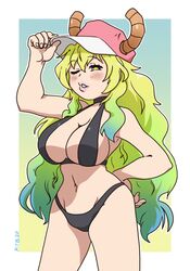 2020 bangs baseball_cap big_lips bikini black_bikini blonde_hair blush breasts cleavage cowboy_shot dated dragon_horns eyelashes female female_only front_view furgonomics gradient_hair green_hair hair_between_eyes hand_on_hip hat hat_tip horns huge_breasts humanoid ktb large_breasts lipstick long_hair looking_at_viewer midriff miss_kobayashi's_dragon_maid navel pink_lipstick quetzalcoatl_(dragon_maid) sidelocks signature standing tipping_hat very_long_hair wink