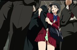 1girls bag black_hair blush business_suit chikan crowd fingering formal green_eyes kirigaya_suguha masturbation molestation mr_trace_mosha open_mouth panties pants pleated_skirt public school_uniform short_hair single_girl skirt suit sword_art_online train underwear