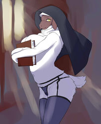 absurd_res anthro big_breasts blush book bovid breasts brown_body brown_fur cameltoe caprine clothing female floppy_ears fur garter_belt garter_straps habit hi_res horizontal_pupils koncon legwear mammal pupils sheep solo standing stockings white_body white_fur white_wool wool_(fur) yellow_eyes