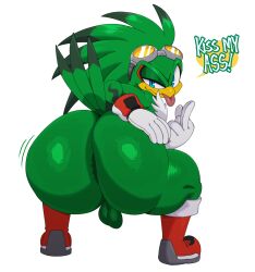 2d anus anus_peek ass avian balls ballsack big_ass big_butt blue_eyes english_text eyewear fat_ass fat_thighs flipping_off flipping_viewer_off footwear furry furry_male furry_only gloves goggles goggles_on_head green_body green_feathers green_fur hand_on_ass handwear hawk insulting_viewer jet_the_hawk looking_at_viewer looking_back looking_back_at_viewer male male_only middle_finger motion_lines naked nonhuman nude presenting_hindquarters simple_background sonic_(series) sonic_the_hedgehog_(series) speech_bubble squatting sssonic2 tail tail_feathers talking_to_viewer taunting_viewer text thick_thighs thighs tongue_out