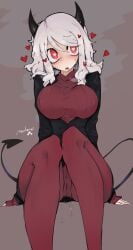 1girls between_legs black_clothing black_horn black_horns black_jacket black_skirt black_suit black_tail blush bodily_fluids breasts business_suit covered_nipples curly_hair demon_girl demon_horns demon_tail erect_nipples erect_nipples_under_clothes female female_only genital_fluids grey_background head_tilt heart heart-shaped_pupils helltaker horns jacket large_breasts legwear long_sleeves looking_at_viewer medium_hair mikojin mikozin miniskirt modeus_(helltaker) nipples open_clothes open_jacket pantyhose pussy red_eyes red_legwear red_pantyhose red_sweater ribbed_sweater saliva shirt sitting skirt sleeves_past_wrists solo suit sweat sweatdrop sweater symbol-shaped_pupils tail turtleneck vaginal_fluids vaginal_juice_drip vaginal_juice_drip_through_clothes vaginal_juices white_hair