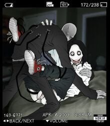 2boys camera camera_flash caught caught_in_the_act creepy creepy_smile creepypasta dork_nokia gay height_difference jeff_the_killer male on_top slenderman tentacle white_skin