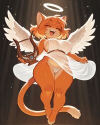 ai_generated angel anthro big_breasts breasts camel_toe closed_eyes clothing dark_lighting domestic_cat dress feathered_wings feathers felid feline felis female female_anthro floating full-length_portrait fur hair halo hi_res holding_object mammal musical_instrument navel open_mouth orange_body orange_fur portrait short_hair short_stack smile solo tail thick_thighs thong translucent translucent_clothing underwear white_clothing white_dress wings