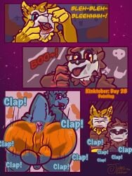 anthro anus ass ass_clapping balls bear big_butt blank_expression bodypaint bouncing_balls bouncing_butt clap_(sound_effect) clapping clothing costume domestic_cat face_paint fake_blood felid feline felis flaccid genitals group hi_res judasthesinner kinktober kinktober_2025 lagomorph leporid looking_at_another looking_at_viewer male mammal monotone_face painted_balls painted_butt penis pink_eyes pumpkin_butt rabbit skeleton_costume tongue tongue_out trio trio_focus vampire_costume