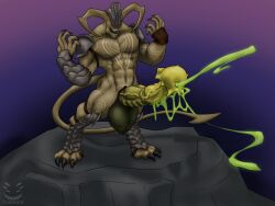 anthro armor balls big_balls big_penis bodily_fluids claws colored_cum corinoch_(artist) cum demon ejaculation excessive_cum excessive_genital_fluids flared_penis flaring genital_fluids genitals glowing glowing_cum green_cum hands-free hi_res horn huge_balls huge_cock hyper hyper_balls hyper_genitalia hyper_penis male markings medial_ring open_mouth pelvic_thrust penis presenting presenting_penis solo unusual_anatomy unusual_bodily_fluids unusual_cum unusual_genital_fluids unusual_genitalia unusual_penis vein veiny_penis