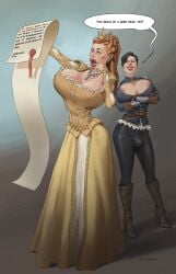 1futa 1girls bimbo bimbo_lips boob_window breast_implants breasts bulge cleavage dialogue english_text fake_breasts female fully_clothed futa_with_female futanari gigantic_breasts huge_breasts huge_lips human illiterate intersex nipple_slip spherical_breasts standing text tight_pants vermilion_venus