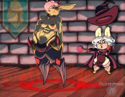 anthro artist_collaboration big_bulge breasts bulge cape clothed clothing collar detailed_background digital_media_(artwork) furry futanari goatykai hair hat headgear headwear intersex lagomorph leporid linyxart mammal muscular muscular_futa muscular_intersex pink_hair prosthetic prosthetic_leg prosthetic_limb rabbit short_stack slightly_chubby staff suid suine thick_thighs thong topless underwear white_hair