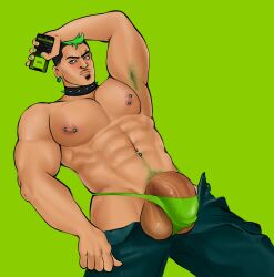 1boy abs armpit armpit_hair bara brat_(charli_xcx) cardboardbaux cartoon_network duncan_(tdi) facial_hair male male_focus male_only muscular muscular_arms muscular_male nipple_piercing nipples pants_down pecs phone simple_background solo solo_male thong total_drama_island yaoi