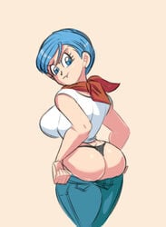 1girls ass big_ass big_breasts big_butt black_panties blue_eyes blue_hair breasts bubble_butt bulma_briefs dragon_ball dragon_ball_super dragon_ball_z fat_ass female female_only fitting funsexydragonball jeans large_ass large_breasts looking_back looking_down neckerchief pants pants_pull short_hair simple_background solo struggling struggling_to_fit thick_ass thick_legs thick_thighs thong tight_clothing tight_jeans tight_pants too_big white_shirt