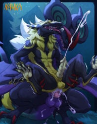 anal animal_genitalia anthro balls bodily_fluids claws crouching cum duo forked_tongue generation_6_pokemon genital_fluids genitals grass holding_partner jackel_(hacksource553) male male/male nawka nintendo noivern open_mouth open_smile pawpads penis plant pokemon pokemon_(species) sergal sheath smile spread_legs spreading tongue tongue_out