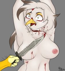 anthro areola avian beak bird blood bodily_fluids bound breasts chicken digital_media_(artwork) duo execution feathers female gore guro hair hands_tied holding_melee_weapon holding_object holding_sword holding_weapon imminent_death melee_weapon mostly_offscreen_character mrs._stein nipples nude open_beak open_mouth simple_background slit_throat snuff stab_wound sword tears weapon wounded