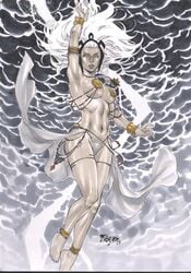 1girls 2015 ankle_bracelets arm_up bead_bracelet curvy dark-skinned_female dark_skin ed_benes_studio female female_only flying fred_benes headdress jewelry large_breasts long_hair marvel marvel_comics necklace nipple_covers no_pupils ororo_munroe pasties revealing_clothes skirt solo storm_(x-men) voluptuous white_hair x-men