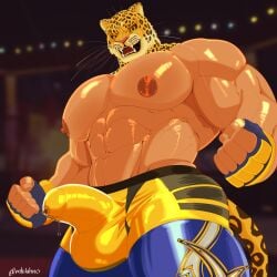abs absurd_res animal_head animal_humanoid areola big_areola big_muscles big_pecs bodily_fluids bulge clothed clothing detailed_bulge erection felid for_a_head genital_fluids hi_res human humanoid jaguar jaguar_spots king_(tekken) leaking_precum looking_at_viewer looking_down looking_down_at_viewer low-angle_view male male_only mammal mhilahno muscles muscular muscular_humanoid muscular_male nipples pantherine pecs precum solo tekken topless topless_humanoid topless_male