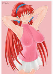 1girls 2020 akira_(viper) armpits arms_behind_head arms_up bare_arms bare_shoulders bow breasts character_name clothed clothing dated female female_only frilled_skirt frills hair_ribbon highres impossible_clothes large_breasts lips long_hair long_ponytail looking_at_viewer matching_hair/eyes nipple_bulge pink_background ponytail red_eyes red_hair ribbed_sweater ribbon simple_background skirt sleeveless solo standing sweater teeth text thick_thighs thighs tied_hair very_long_hair viper_(series) viper_gtb white_border zenkou