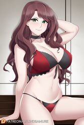 1girls aslindsamure bare_legs brown_hair choker cleavage clothed_female dorothea_arnault female female_only fire_emblem fire_emblem:_three_houses green_eyes large_breasts lingerie long_hair midriff nintendo solo thong wavy_hair