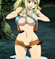 1girls accurate_art_style backpack backsack big_breasts blonde_hair blue_shirt breasts brown_eyes edited fairy_tail fairy_tail_mark fit_female lucy_heartfilia no_bra no_panties nude_filter partial_nudity partially_clothed pink_tattoo ponytail pussy removing_clothing shorts swamp tagme tattoo_on_hand walking_on_water