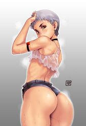 1boy big_ass blue_hair booty_shorts bracelet choker femboy looking_at_viewer male male_only necklace po-ju poju see-through_clothing see-through_top solo sweat sweatdrop sweating trap yellow_eyes