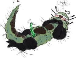 2025 anthro antlers arm_markings balls black_arms black_legs blind cult_of_the_lamb disability erection explicitly_stated_consent genitals green_body green_penis heart_eyes heart_symbol horn leg_markings leshy_(cult_of_the_lamb) lying male markings massive_monster_(studio) on_back onomatopoeia penis presenting presenting_penis solo sound_effects tail text throbbing throbbing_penis welcometaco