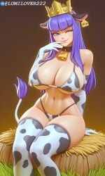 ai_generated archer_queen_(clash_royale) big_thighs breasts clash_(series) clash_of_clans clash_royale cow_bell cow_bikini cow_ears cow_gloves cow_print cow_stockings cow_suit cow_tail cow_thong female huge_breasts light_skin lumilover222 purple_hair supercell wink