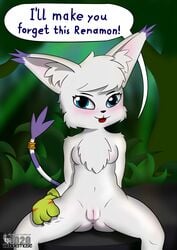 anthro digimon digimon_(species) domestic_cat felid feline felis female fluffy fur gatomon genitals hi_res kemono mammal needy nude pinup pose pussy ring seductive solo speech_bubble text wunderhase