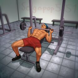artfight artfight2025 backwards_cap bench_press brown_eyes dick_peek erection erection_under_clothes erection_under_clothing erection_under_shorts frosted_tips gym holding_barbell holding_weights image_set laying_down laying_on_bench legs_apart legs_open legs_spread male male_focus male_only oc original_character peeking_dick peeking_penis penis penis_peek penis_under_clothes penis_visible_through_clothing penis_visible_through_pants segapop551 shirtless shirtless_(male) shirtless_human shirtless_male shorts_only single_male sweaty topless topless_male variant variant_set working_out