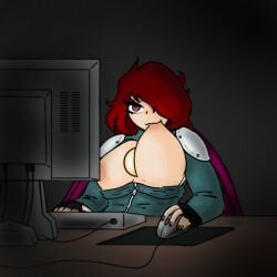big_breasts boobs_out casual_exposure casual_nudity computer gaming huge_breasts karth_kalbi_(vtuber) red_eyes red_hair red_nails self_breast_sucking self_upload sucking_breasts_meme the_observer_h trend