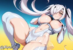 :> ai_generated black_gloves blue_background blush bonfen291 breasts cameltoe cinderella_(nikke)_(cosplay) cleavage clothing_cutout dynamic_pose eyebrows_hidden_by_hair fate/grand_order fate_(series) female floating goddess_of_victory:_nikke gradient_background hair_ornament hair_over_one_eye hands_on_own_chest huge_nipples knee_up long_hair long_sleeves medium_breasts melusine_(fate) navel one_eye_covered see-through_skirt self_upload shift_up shiny_clothes sidelocks smile solo thick_thighs thighs twintails two-tone_gloves type-moon very_long_hair white_bodysuit white_gloves white_hair yellow_background yellow_eyes