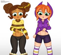 2020 2girls bankaipacay barbara_gordon barbara_gordon_(shg) belly_button big_breasts blush chocolate_and_vanilla dark-skinned_female dc dc_comics dc_super_hero_girls female female_only hoodie karen_beecher karen_beecher_(shg) lifted_by_self multiple_girls navel shirt_lift shorts stockings stomach sweater tummy undressing wide_hips