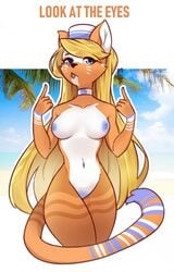 anthro blonde_hair blue_body blue_eyes blue_fur blue_nails blue_nipples bright bright_colors colored_nails domestic_cat felid feline felis female fur hair hi_res humanoid long_hair long_tail lunheaven mammal nails nipples orange_body presenting solo summer white_body white_fur