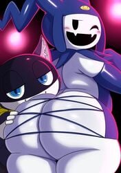 2boys anthro ass atlus big_ass big_butt black_fur butt cat feline gay hand_on_ass huge_ass jack_frost_(megami_tensei) male_only mask megami_tensei morgana_(persona) persona persona_5 pink_light shin_megami_tensei snowman sssonic2 tagme trap wink