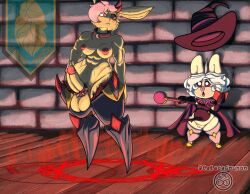 anthro artist_collaboration balls big_balls breasts cape clothed clothing collar detailed_background digital_media_(artwork) erection furry futanari genitals glans goatykai hair hat headgear headwear intersex lagomorph leporid linyxart mammal muscular muscular_futa muscular_intersex penis pink_glans pink_hair prosthetic prosthetic_leg prosthetic_limb pussy rabbit short_stack slightly_chubby staff suid suine thick_thighs thong topless underwear vulva white_hair