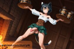 1boy ai_generated big_penis black_hair cat_boy cat_humanoid dungeon_meshi femboy feminine_male hairy hairy_armpits hairy_arms hairy_legs hairy_male hairy_penis hairyai izutsumi male otoko_no_ko patreon_url patreon_username penis tavern tavern_background yellow_eyes