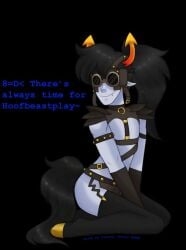 1boy 2014 alien alien_humanoid artist_request black_background black_hair black_tail dancestor dialog dialogue equine eyewear eyewear_on_head gray_skin grey_body hair homestuck homestuck_troll horns horse horse_tail horuss_zahhak humanoid leather leather_clothing legwear long_hair male male_only orange_horns petplay pointy_ears ponyplay ponytail simple_background solo solo_male stockings tagme tail tied_hair unknown_artist