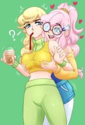 2girls best_friends big_breasts bogar breasts confused_face confused_look confusion crypt_of_the_necrodancer curvy curvy_female curvy_figure dove_(crypt_of_the_necrodancer) dove_(rift_of_the_necrodancer) drinking female female_dominating_female female_domination female_focus female_only grabbing grabbing_another's_breast grabbing_breasts grabbing_from_behind green_clothing happy_female harmonie_(rift_of_the_necrodancer) heart-shaped_pupils huge_breasts light_skin nerdy_female open_mouth pink_hair ponytail questionable_consent rift_of_the_necrodancer sexual_assault simple_background sunglasses turtleneck yellow_hair yoga yoga_pants yuri