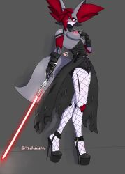absurd_res android anthro anthro_only armor black_clothing black_high_heels blush breasts canid canine clothed clothed_female clothing delphox ear_fluff ears female female_anthro female_only female_pokemon fishnet_clothing fishnet_legwear fishnets footwear fox_ears fox_girl fox_tail furry furry_female furry_only gauntlets generation_6_pokemon gloves grey_fur grey_tail halloween handwear hi_res high_heels holding_lightsaber holding_object holding_weapon holidays huge_ears humanoid legwear lightsaber lock looking_at_viewer machine mammal melee_weapon nintendo pokemon pokemon_(species) red_ear_fluff red_hair red_lightsaber robot shoes sith_lord solo solo_female star_wars theandroidjoa thighs weapon