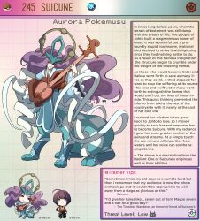 1boy 1girls character_sheet creature_index english_text female generation_2_pokemon hi_res kinkymation legendary_pokemon long_hair male musical_instrument nintendo pokemon pokemon_(species) pokemorph pokemusu profile purple_hair red_eyes suicune text_box