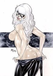 2015 ass black_cat_(marvel) bubble_butt dat_ass ed_benes_studio felicia_hardy female female_only fred_benes large_ass large_breasts looking_at_viewer looking_back marvel marvel_comics mask sideboob smile solo spider-man_(series) stripping undressing white_hair