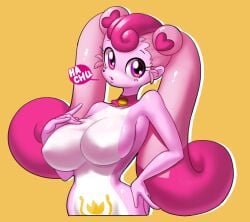 1girls anthro big_breasts breasts catch!_teenieping choker colored english_text eyelashes female furry hand_on_breast hand_on_hip hand_on_own_breast hand_on_own_chest hand_on_own_hip heartsping huge_breasts long_ears looking_at_viewer memoji minus8 minuspal no_nipples null open_mouth pink pink_fur solo text