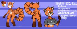 absurd_res ailurid anthro blutep_(artist) blutep_(character) clothing female green_eyes half-shirt hi_res mammal model_sheet red_panda shirt smile text topwear