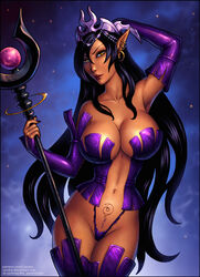 1girls amber_eyes belly black_hair candra cleavage crown dark-skinned_female dark_elf detached_sleeves earrings elf elf_ears kuroinu_~kedakaki_seijo_wa_hakudaku_ni_somaru~ large_breasts magic_staff navel olga_discordia pointy_ears pubic_tattoo revealing_clothes skimpy_clothes staff thighhighs thong